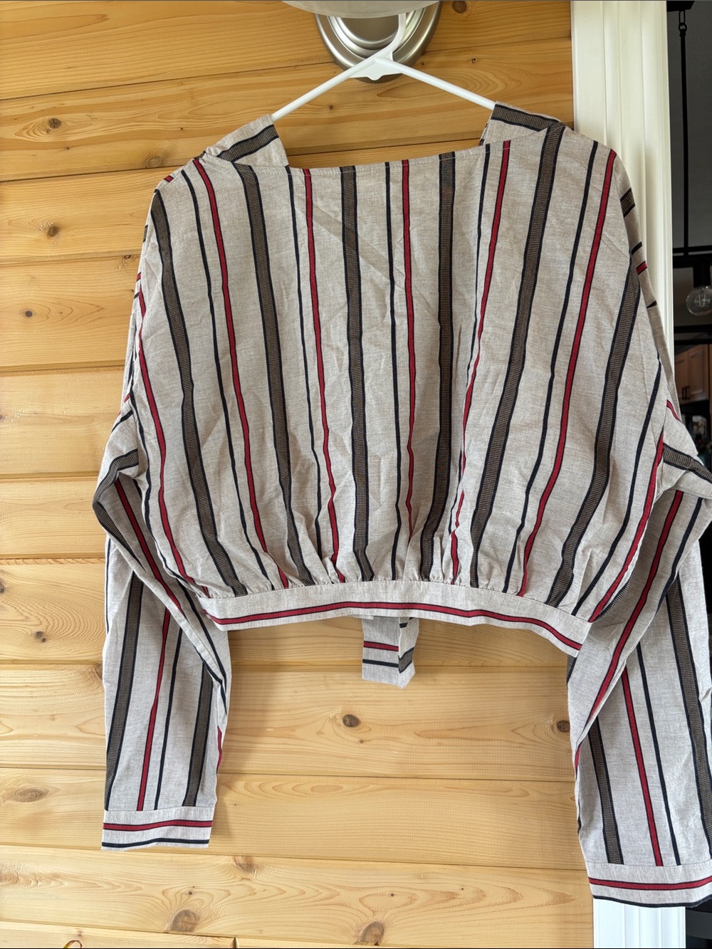 J.O.A. Striped Cropped Top in Beige, Black & Red